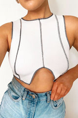 White Ribbed Notch Contrast Stitch Crop Top - Rinnah-Crop Tops