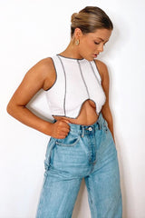 White Ribbed Notch Contrast Stitch Crop Top - Rinnah-Crop Tops