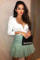 White Ribbed Plunge Puff Sleeve Bodysuit - Saffy-Bodysuits