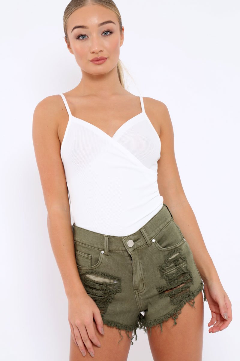 White Ribbed Plunge Wrap Bodysuit - Abriana-Bodysuits