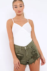 White Ribbed Plunge Wrap Bodysuit - Abriana-Bodysuits