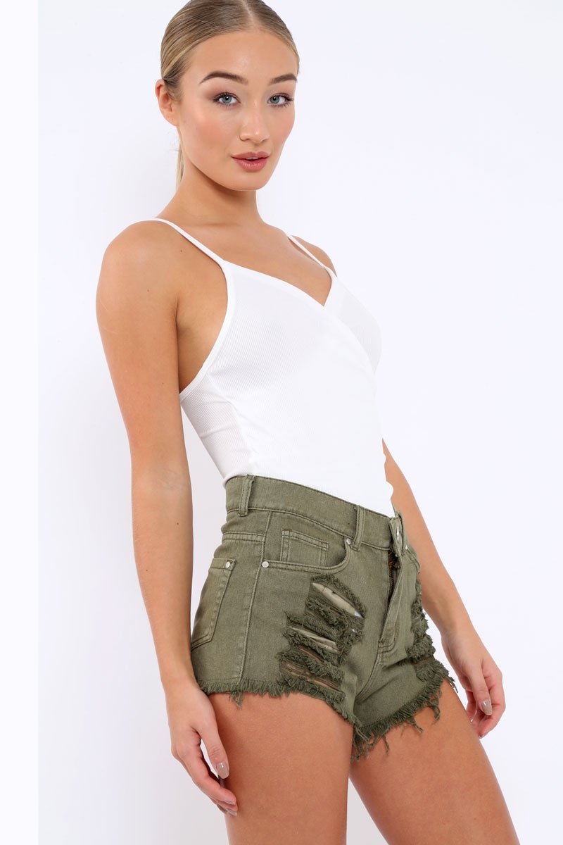 White Ribbed Plunge Wrap Bodysuit - Abriana-Bodysuits