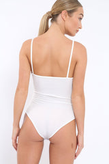 White Ribbed Plunge Wrap Bodysuit - Abriana-Bodysuits