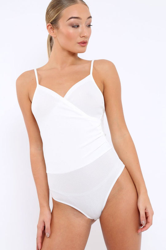 White Ribbed Plunge Wrap Bodysuit - Abriana