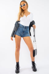 White Ribbed Ring Zip Bodysuit - Odessie-Bodysuits