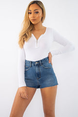 White Ribbed Ring Zip Bodysuit - Odessie-Bodysuits