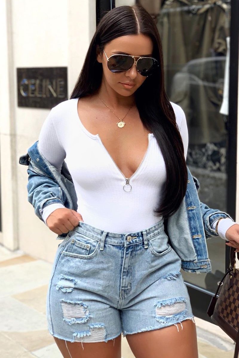 White Ribbed Ring Zip Bodysuit - Odessie-Bodysuits