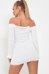 White Ribbed Ruffle Long Sleeve Bardot Dress - Madison-Dresses