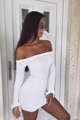 White Ribbed Ruffle Long Sleeve Bardot Dress - Madison-Dresses