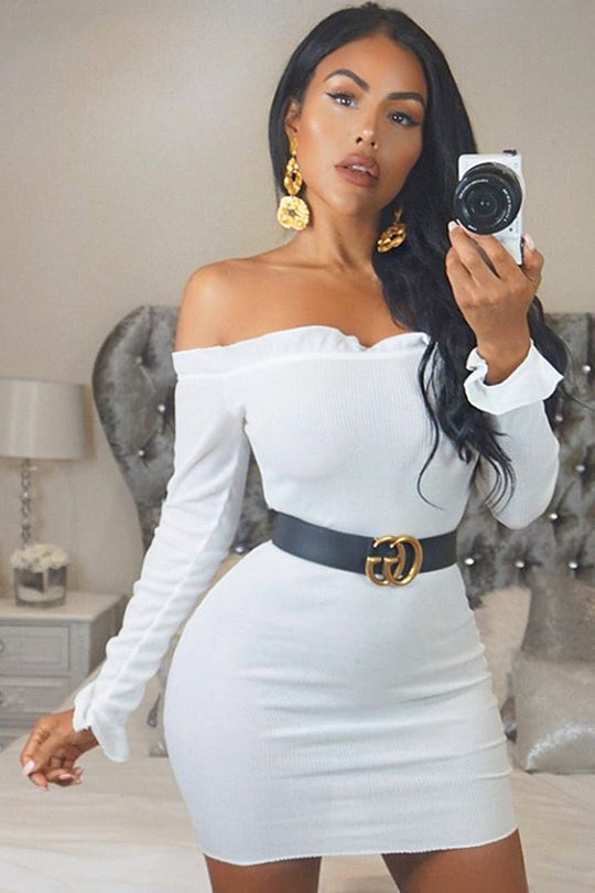 White Ribbed Ruffle Long Sleeve Bardot Dress - Madison