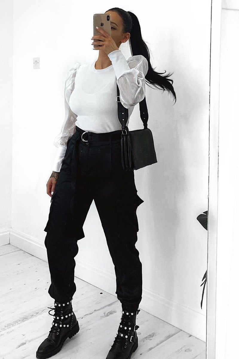 White Ribbed Sheer Puff Sleeve Top - Orly-Tops