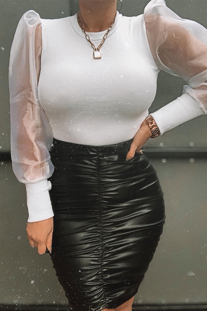 White Ribbed Sheer Puff Sleeve Top - Orly-Tops