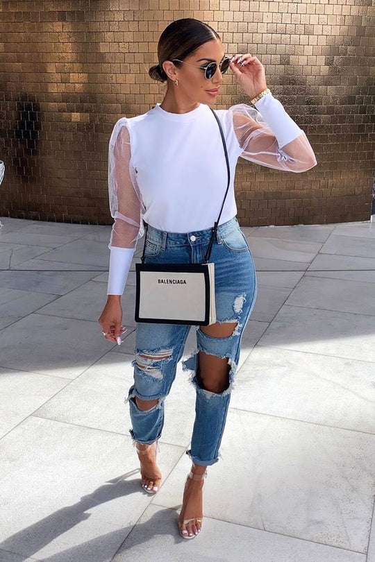 White Ribbed Sheer Puff Sleeve Top - Orly