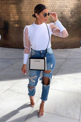 White Ribbed Sheer Puff Sleeve Top - Orly-Tops