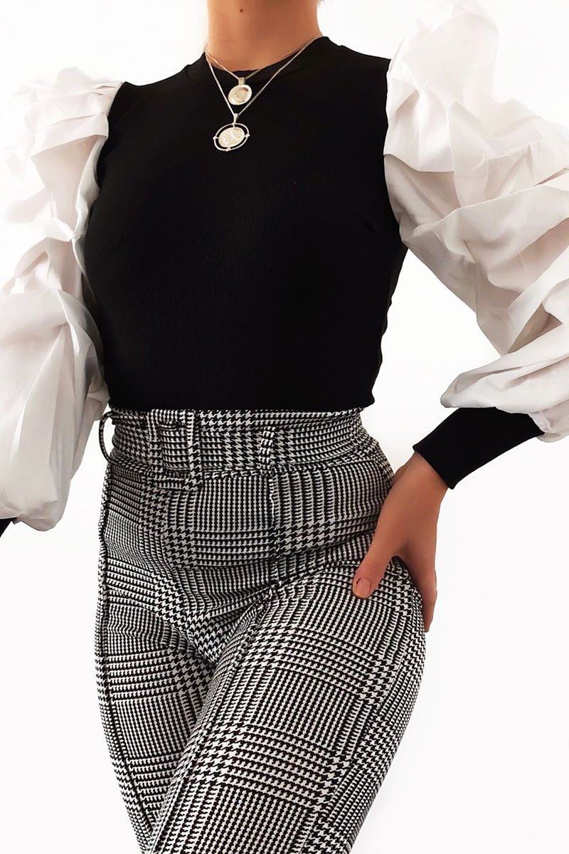 White Ribbed Shirt Puff Sleeve Top - Kayler-Tops