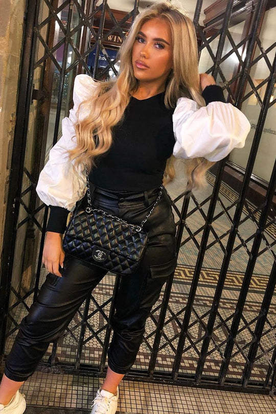 White Ribbed Shirt Puff Sleeve Top - Kayler