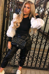 White Ribbed Shirt Puff Sleeve Top - Kayler-Tops