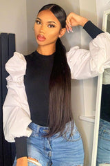 White Ribbed Shirt Puff Sleeve Top - Kayler-Tops