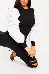 White Ribbed Shirt Puff Sleeve Top - Kayler-Tops