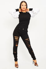 White Ribbed Shirt Puff Sleeve Top - Kayler-Tops