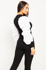 White Ribbed Shirt Puff Sleeve Top - Kayler-Tops