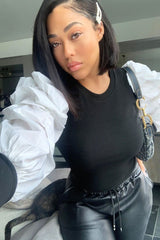 White Ribbed Shirt Puff Sleeve Top - Kayler-Tops