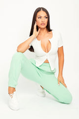 White Ribbed Short Sleeve Double Zip Top - Lara-Tops