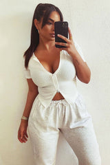 White Ribbed Short Sleeve Double Zip Top - Lara-Tops