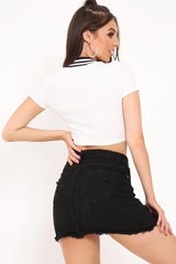 White Ribbed Varsity Stripe Crop Top - Corene-Tops