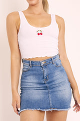 White Ribbed Vest Crop Top with Cherry Detail - Cadie-Tops