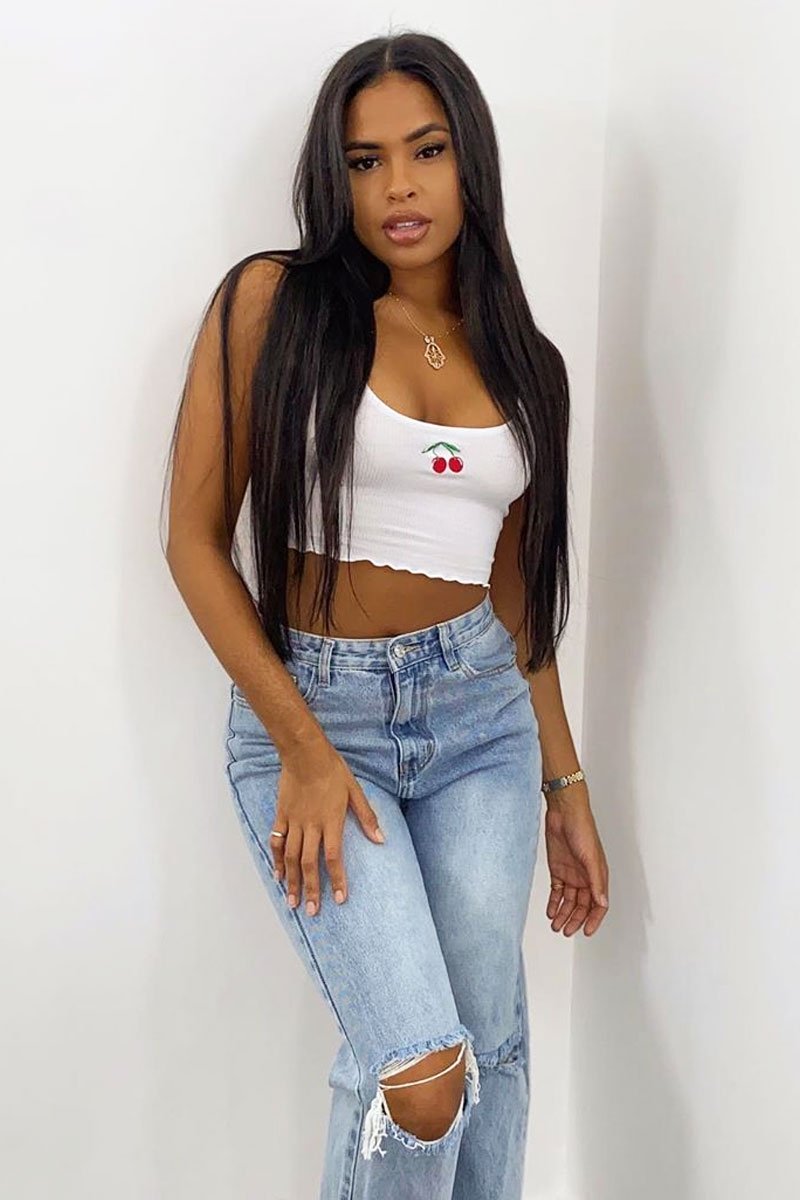 White Ribbed Vest Crop Top with Cherry Detail - Cadie-Tops