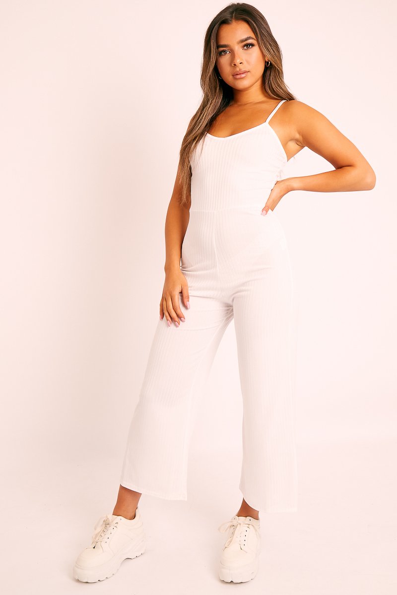 White Ribbed Wide Leg Jumpsuit - Elpha-Jumpsuits