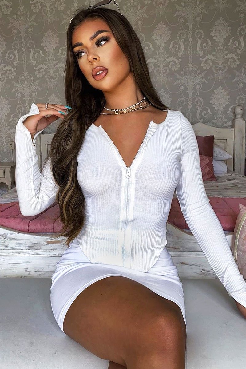 White Ribbed Zip Front Top - Jamoni-Tops