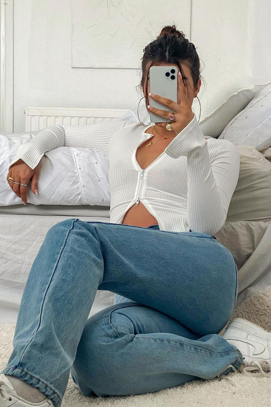 White Ribbed Zip Front Top - Jamoni-Tops