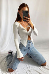 White Ribbed Zip Front Top - Jamoni-Tops