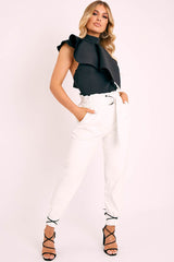 White Ring Belt Straight Leg PU Trousers - Jazmine-Trousers