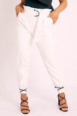 White Ring Belt Straight Leg PU Trousers - Jazmine-Trousers
