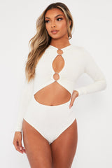 White Ring Detail Cut Out Long Sleeve Bodysuit - Elissa-Bodysuits