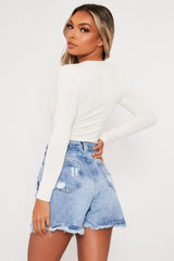 White Ring Detail Cut Out Long Sleeve Bodysuit - Elissa-Bodysuits