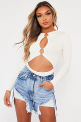 White Ring Detail Cut Out Long Sleeve Bodysuit - Elissa-Bodysuits