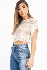 White Round Neck Crochet Crop Top - Lucindy-Crop Tops