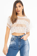 White Round Neck Crochet Crop Top - Lucindy-Crop Tops