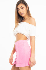 White Ruched Bardot Gypsy Crop Top - Janette-Crop Tops