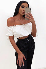 White Ruched Bardot Gypsy Crop Top - Janette-Crop Tops