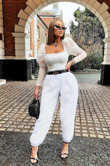 White Ruched Body Mesh Sleeve Bodysuit - Amylee-Bodysuits