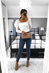 White Ruched Body Mesh Sleeve Bodysuit - Amylee-Bodysuits