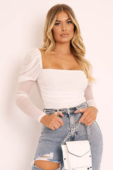 White Ruched Body Mesh Sleeve Bodysuit - Raeya-Bodysuits