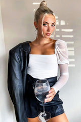 White Ruched Body Mesh Sleeve Bodysuit - Raeya-Bodysuits