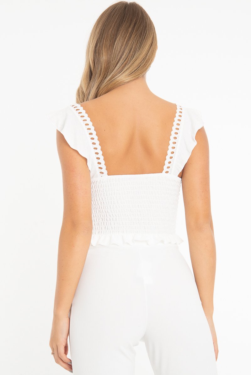 White Ruched Button Tie Up Padded Bra Crop Top - Aden-Crop Tops