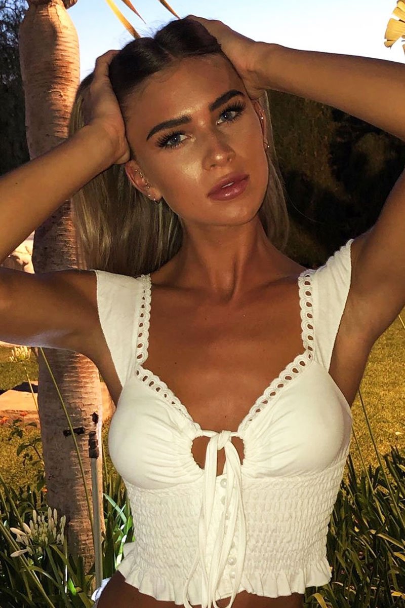 White Ruched Button Tie Up Padded Bra Crop Top - Aden-Crop Tops